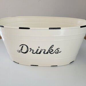 White Enamelware Rustic Farmhouse Metal Beverage Serving Tub with Wood Handles